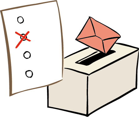 Wählen dürfen ist ein Recht Man kreuzt an und wirft seinen Stimm-Zettel in einen Kasten.