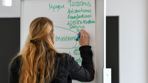 Eine Trainerin notiert auf einem Flipchart Assoziationen zum Thema "Diskriminierung".