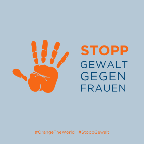 Das Bild zeigt eine Grafik, auf der eine orangefarbene geöffnete Handfläche zu sehen ist. Daneben stehen die Worte "Stopp Gewalt gegen Frauen"