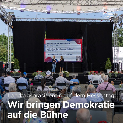 Im Bild ist die Präsidentin auf der Bühne des Treffpunkts Hessen während ihres Auftritts zu sehen.