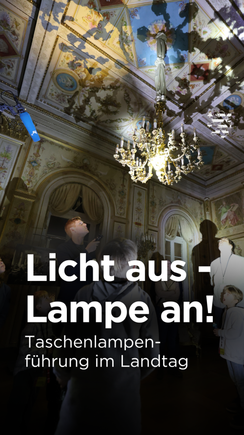 Der Landtag bei Nacht ist im Bild zu sehen. Im dunklen Musiksaal sind einige Menschen zu erkennen, die mit Taschenlampen in Richtung der Decke des historischen Saals leuchten.