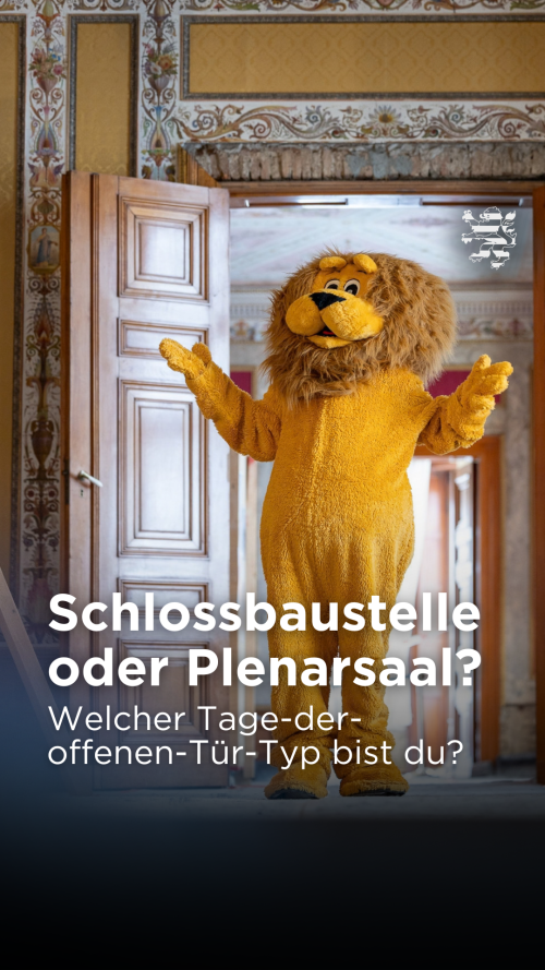 Landtagslöwe Leo steht im Stadtschloss und schaut sich um. Staunend hat er seine Arme erhoben. Der folgende Schriftzug ist zu lesen: "Schlossbaustelle oder Plenarsaal? Welcher Tage-der-offenen-Tür-Typ bist du?"