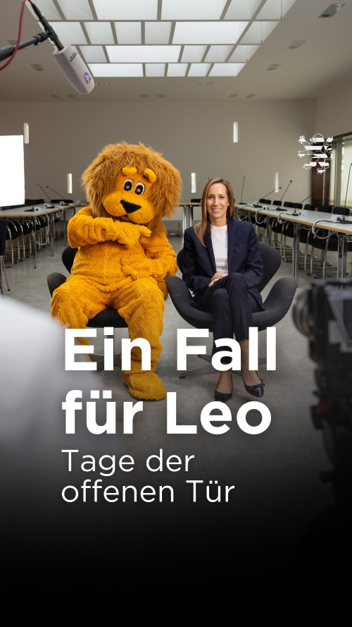 Landtagspräsidentin Astrid Wallmann und Landtagsmaskottchen Leo geben ein Interview. Unscharf ist im Vordergrund eine Kamera zu erkennen. Der folgende Schriftzug ist zu lesen: "Ein Fall für Leo. Tage der offenen Tür".