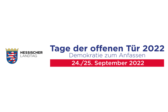 Banner der Tage der offenen Tür 2022. Neben dem Hessischen Wappen steht: "Tage der offenen Tür 2022. Demokratie zum Anfassen. 24./25. September 2022."