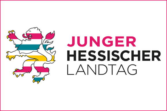 Logo der Website „Junger Hessischer Landtag“ bunter Löwe mit Schriftzug