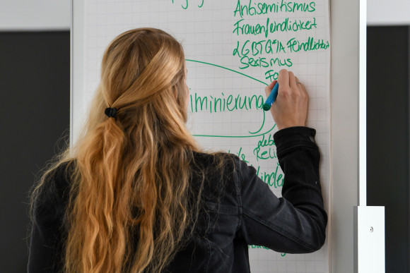 Eine Trainerin notiert auf einem Flipchart Assoziationen zum Thema "Diskriminierung".