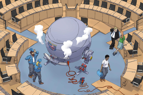 Lost in Time Die Illustration zeigt eine kaputte Zeitmaschine im Plenarsaal des Hessischen Landtages.