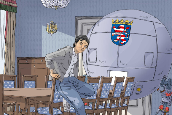 Die Illustration zeigt Joschka Fischer, den damaligen Umweltminister Hessens, in einem historischen Salon. Neben ihm steht die Zeitmaschine.