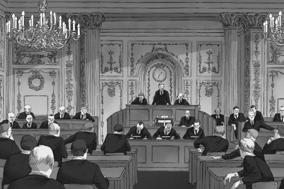 Lost in Time Die Illustration in schwarz-weiß zeigt eine historische Plenarsitzung im Musiksaal des Hessischen Landtages.