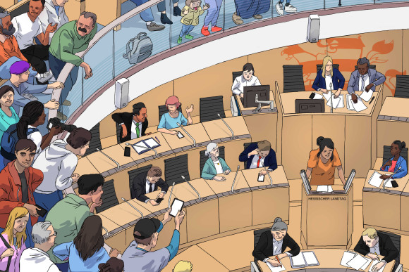 Lost in Time Die Illustration zeigt eine Plenarsitzung des Hessischen Landtages von der Besuchergalerie.
