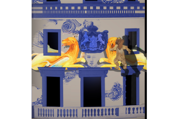 Schlossfassade mit Löwen und Wappen