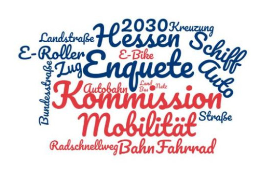 Eine Textwolke mit zahlreichen unterschiedlichen Schlagworten zur Mobilität. Zentral sind die Worte 2030, Hessen, Enquete. 