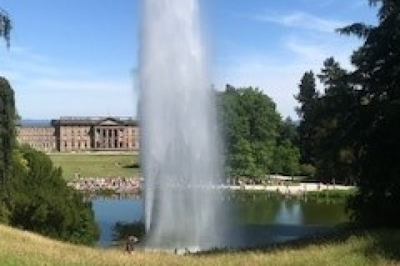 Eine Wasserfontäne steigt hoch in einem großen Park.