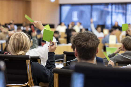 Jugendliche halten im Plenarsaal für eine Abstimmung grüne Kärtchen in die Luft.