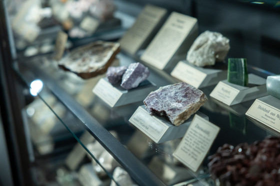 Mineraliensammlung in Schaukasten