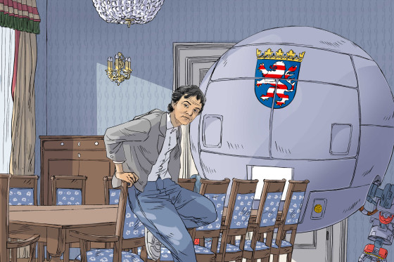 Die Illustration zeigt Joschka Fischer, den damaligen Umweltminister Hessens, in einem historischen Salon. Neben ihm steht die Zeitmaschine.