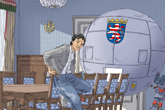 Die Illustration zeigt Joschka Fischer, den damaligen Umweltminister Hessens, in einem historischen Salon. Neben ihm steht die Zeitmaschine.