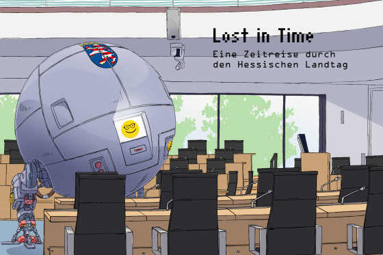 Illustration einer Zeitmaschine im Plenarsaal des Hessischen Landtages. 