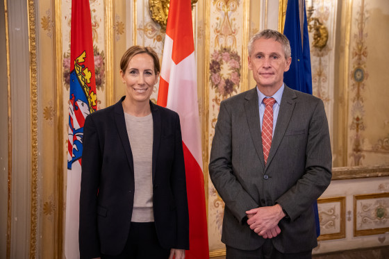 Botschafter Königreich Dänemark Gespräch Foto vor Flaggen